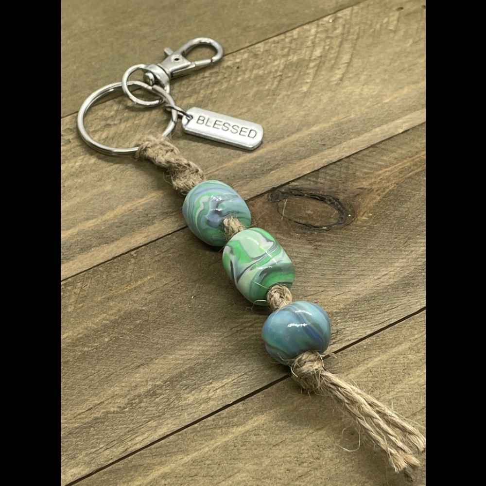 Green & Blue Clay Bead & “Blessed” Charm Keychain